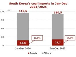 Russian coal exports to South Korea down 21% in December 2025